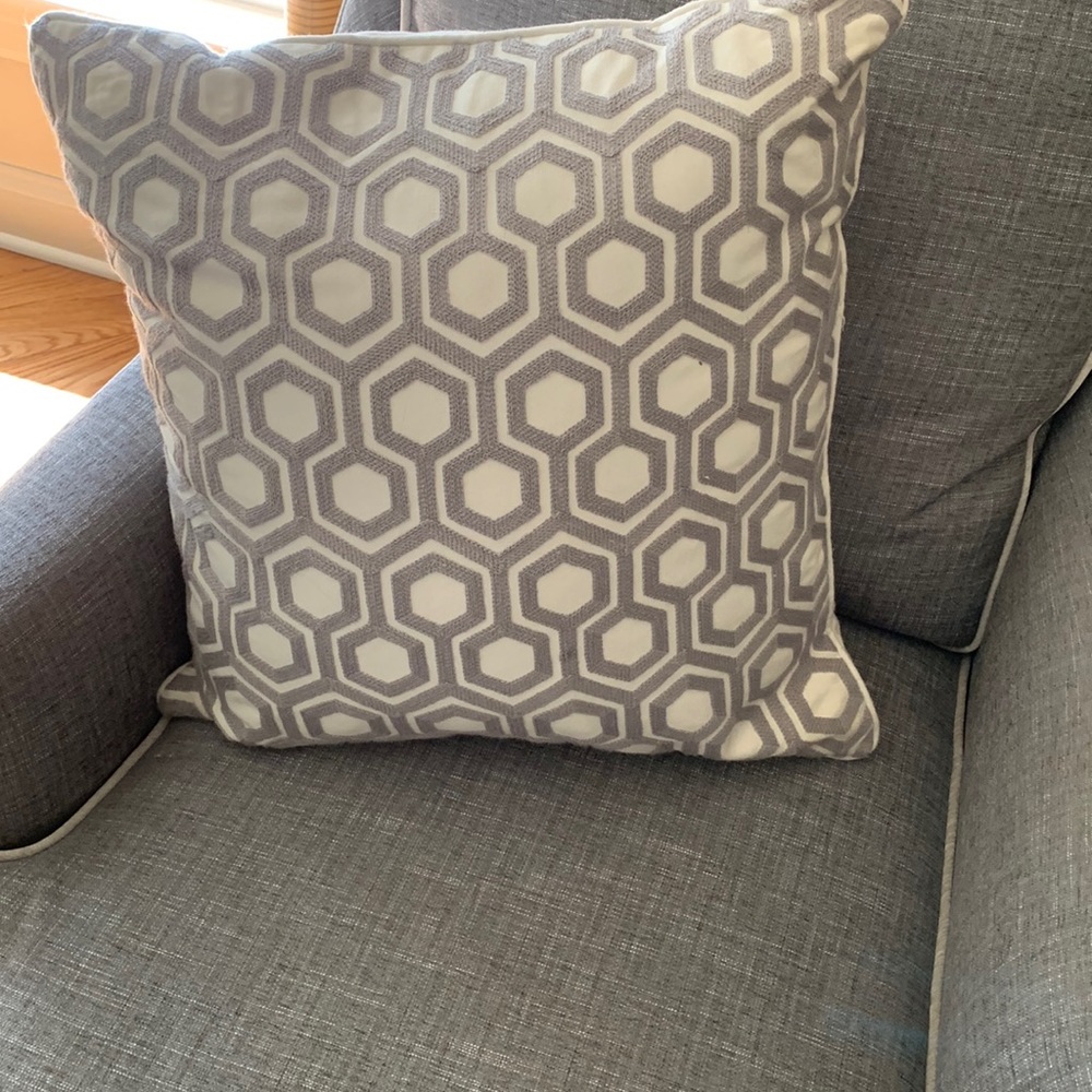 Decorative Pillow with Gray and cream hexagon design.